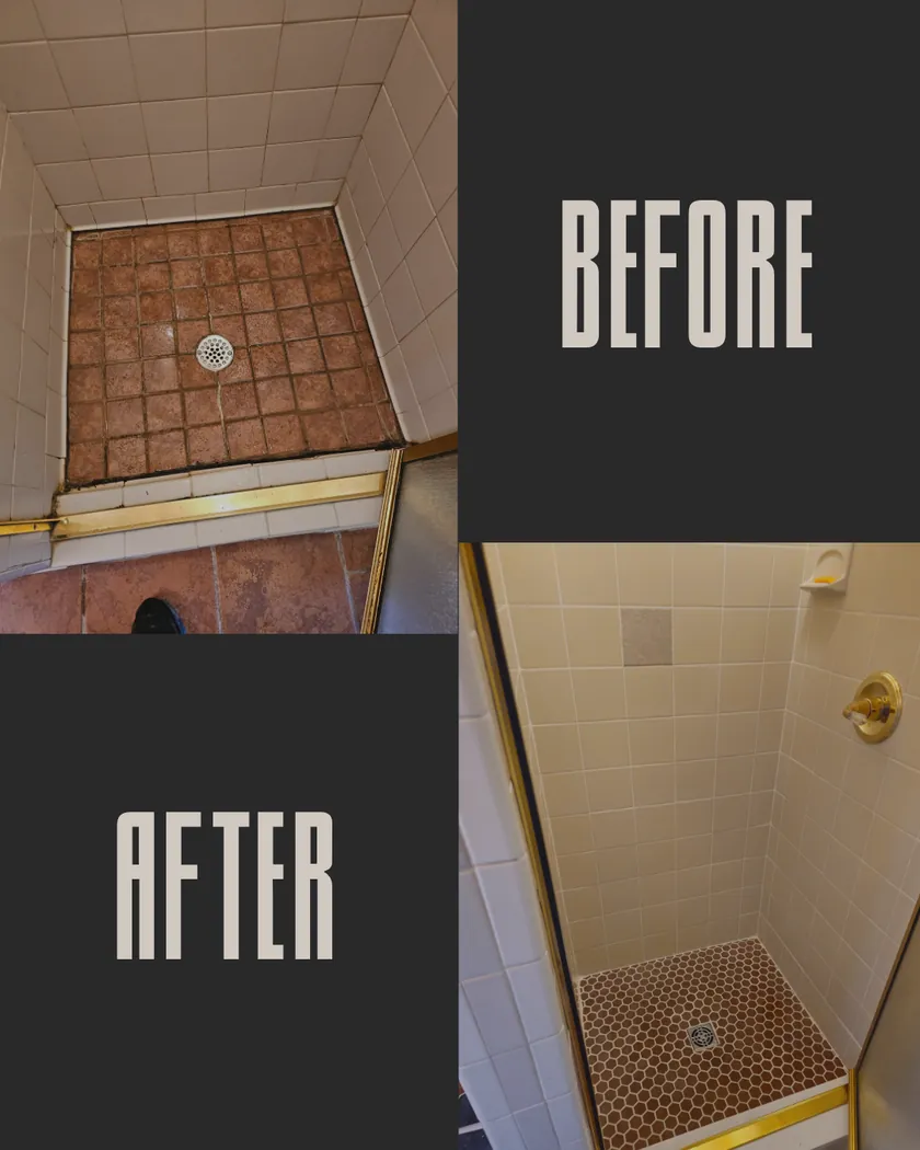 Before and after of a shower floor: worn square tile with failing grout and threshold, replaced with new hexagon mosaic tile and clean grout lines